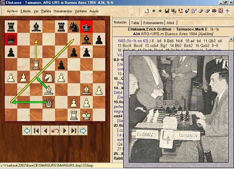 Eliskases vs tTaimanov, en otra de las partidas comentadas extensamente.