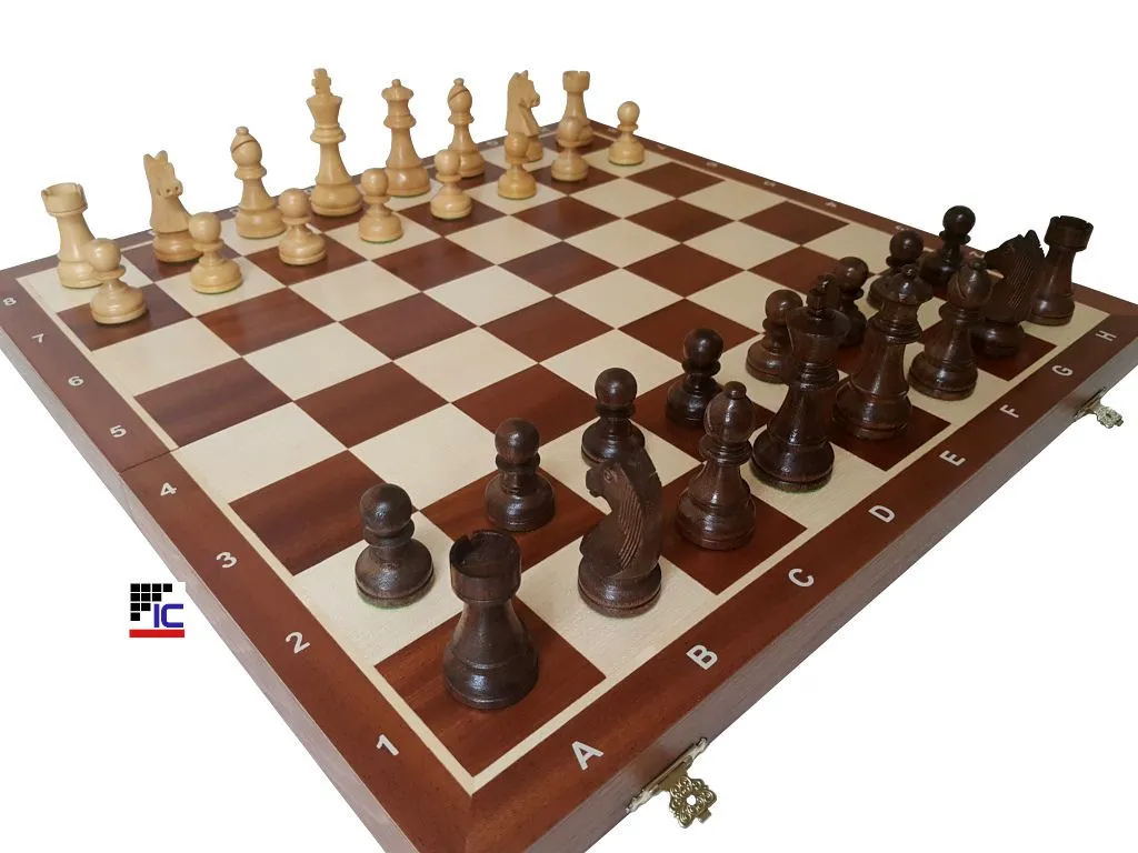 Juego Ajedrez plegable de madera de Caoba/Sicomoro con piezas Staunton nº6 abierto