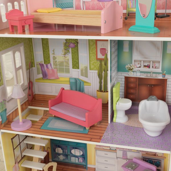 Detalle del baño y del salón de la casa kidkraft de muñecas poppy 65959