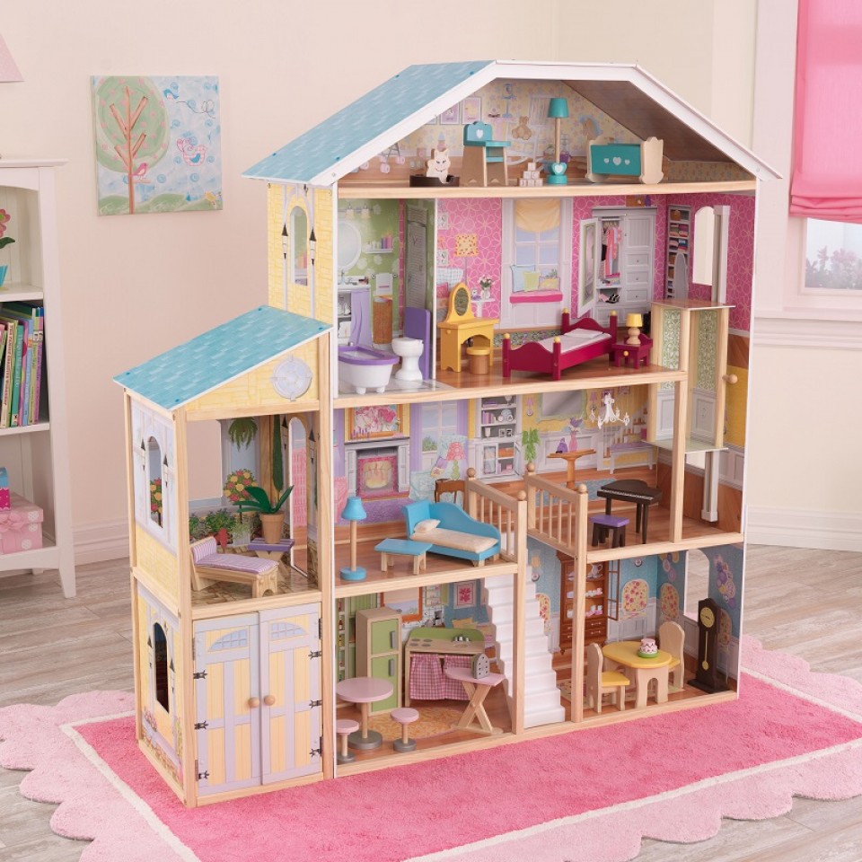 Imagen con todos los detalles de kidkraft casa de muñecas mansion majestuosa 65252