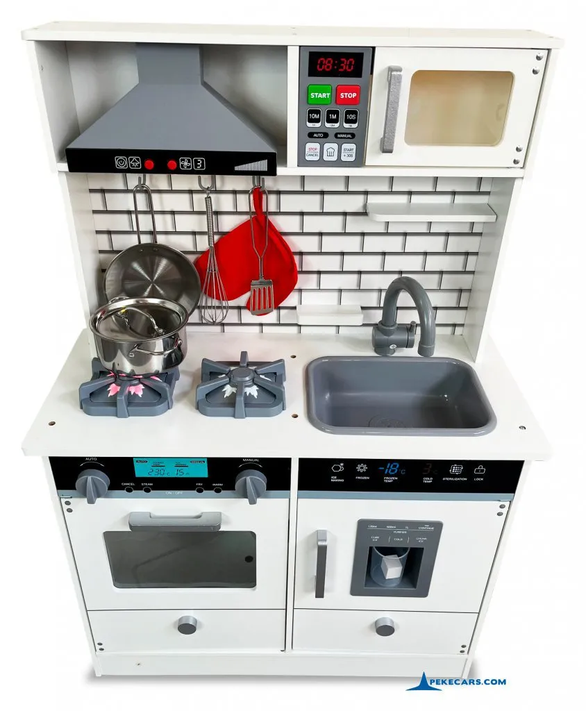 Cocina de Madera Infantil Blanca con Dispensador de hielo y Campana Extractora