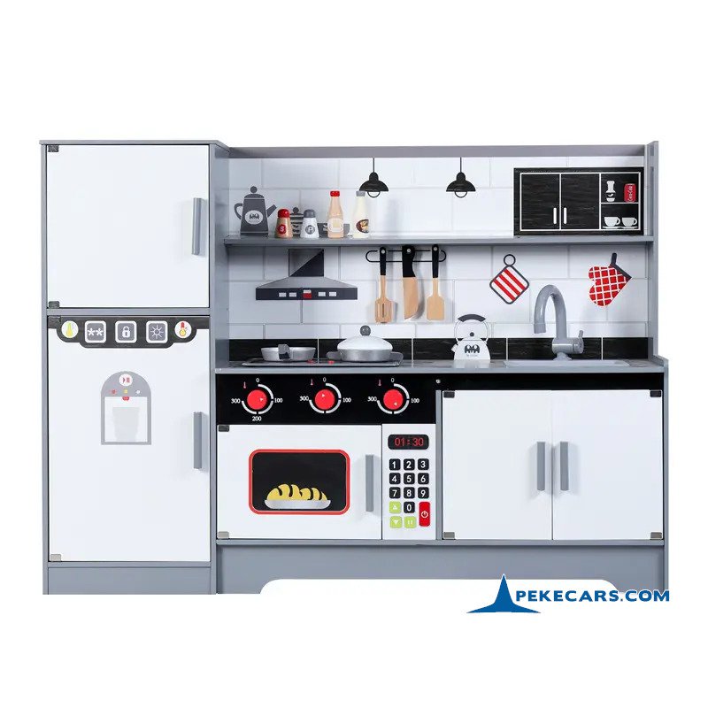 Cocina Completa de Madera Gris y Blanca con Nevera y Horno-Microondas