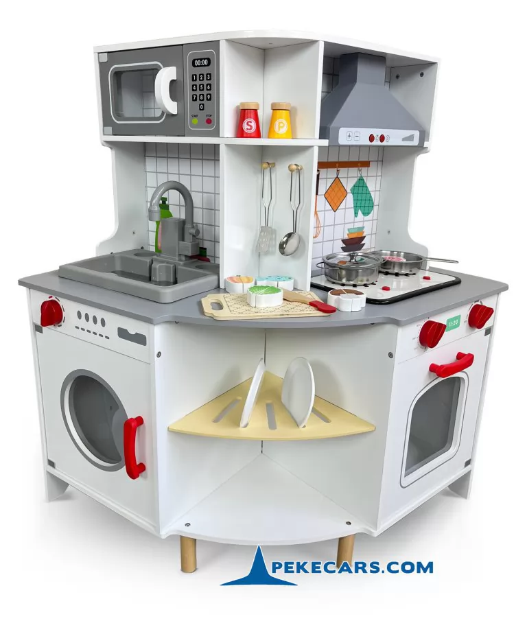 Cocina Infantil esquinera de Madera con Lavadora, microondas y Campana extractora