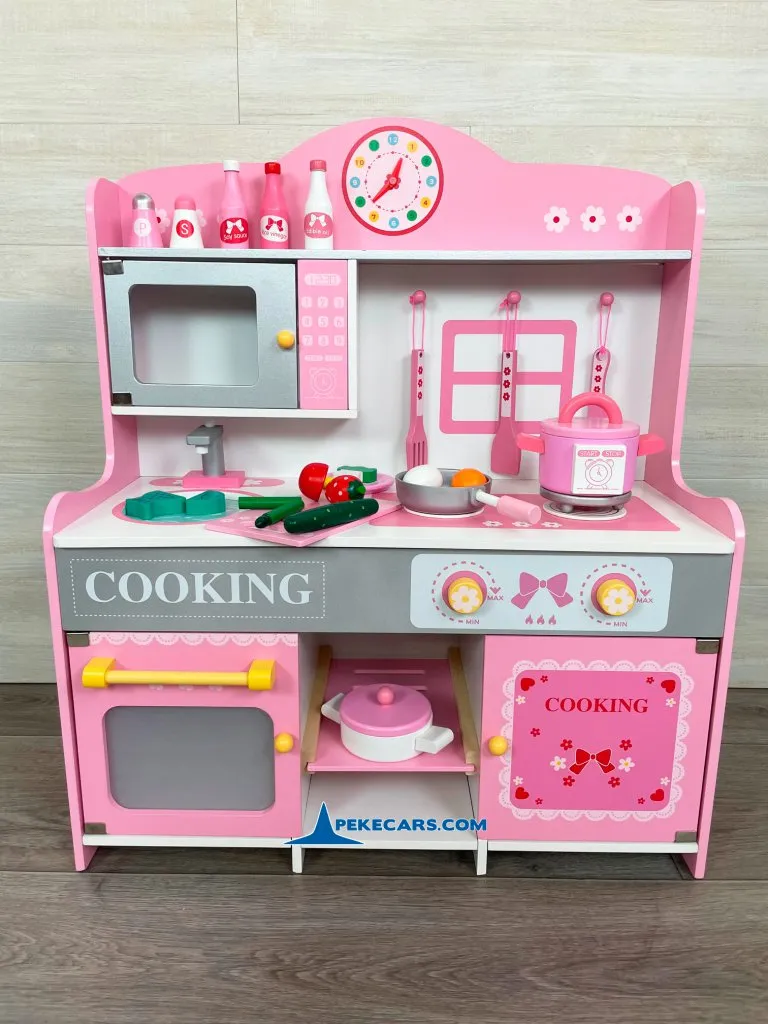 cocina de madera juguete rosa detalle frente