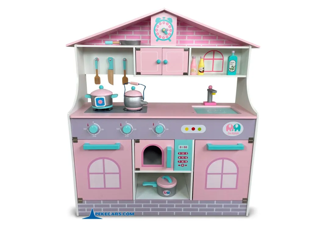 PEKECARS Cocina de Madera Rosa Pastel con Microondas y 10 Accesorios