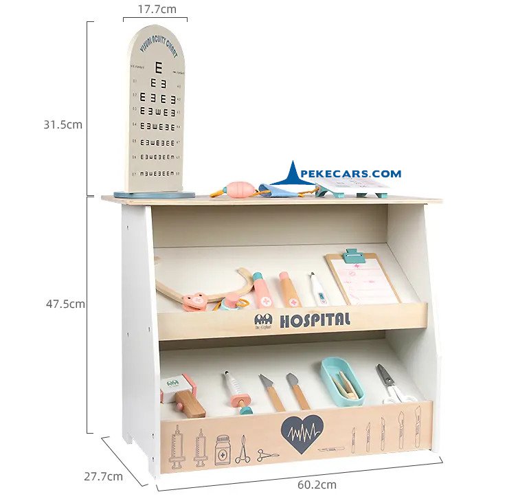 PEKECARS Hospital de Madera Infantil con Accesorios - vista mostrador y medidas