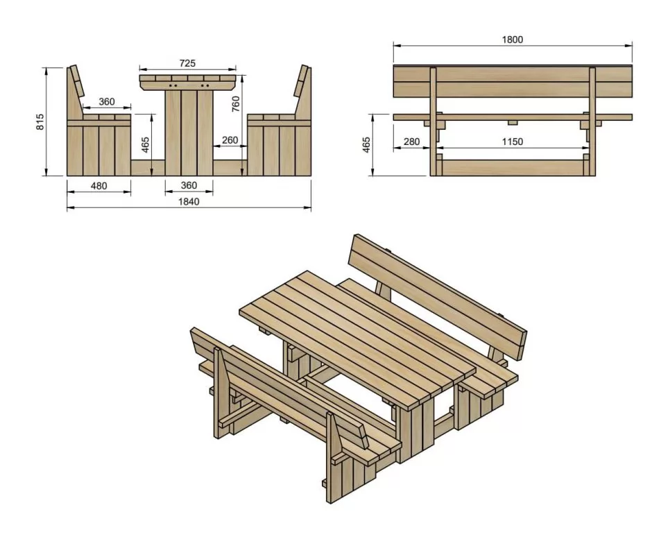 Mesa de Picnic Canet Horeca - medidas con respaldo
