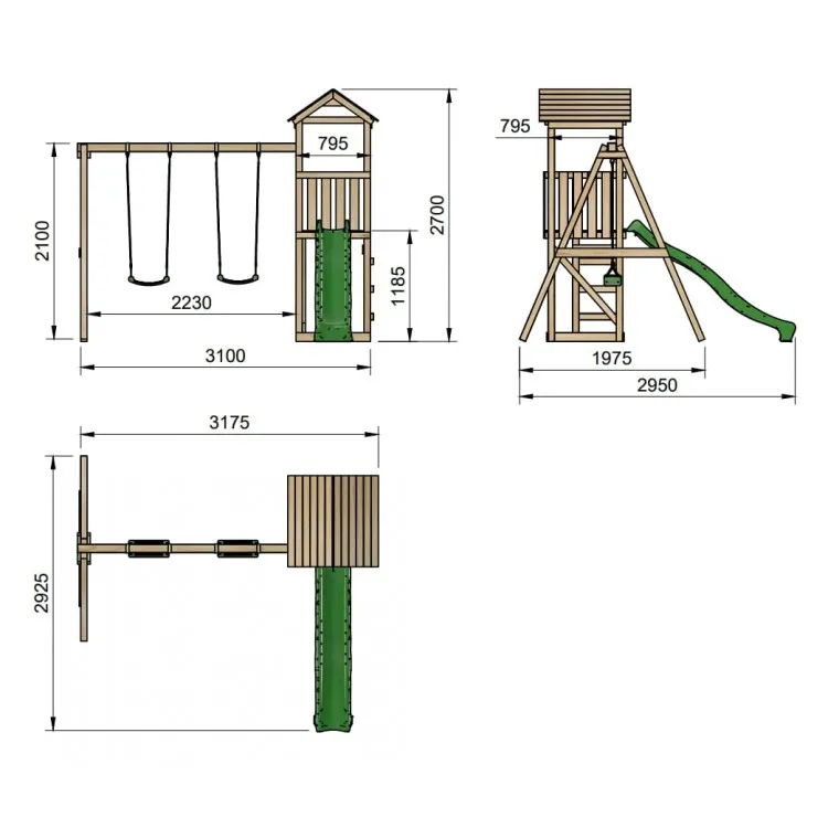 Parque Infantil Carlit L con Rampa y Columpio Doble - Medidas