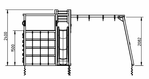 Parque infantil Crossfit con tobogan y columpio - grafico medidas vista frontal