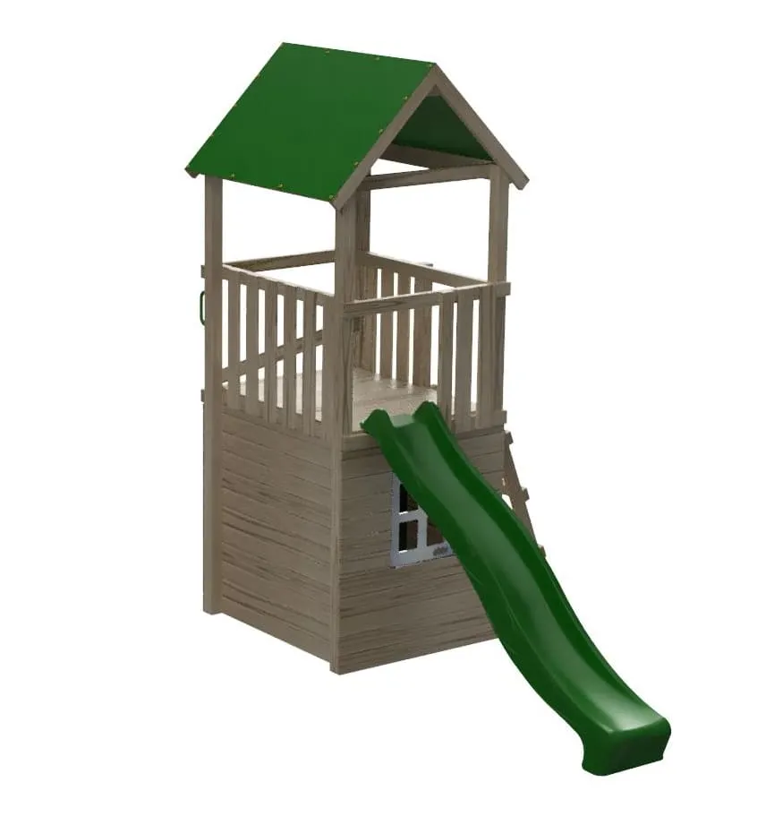 Torre Masgames Tibidabo con tejado de lona, caseta y pared de escalada