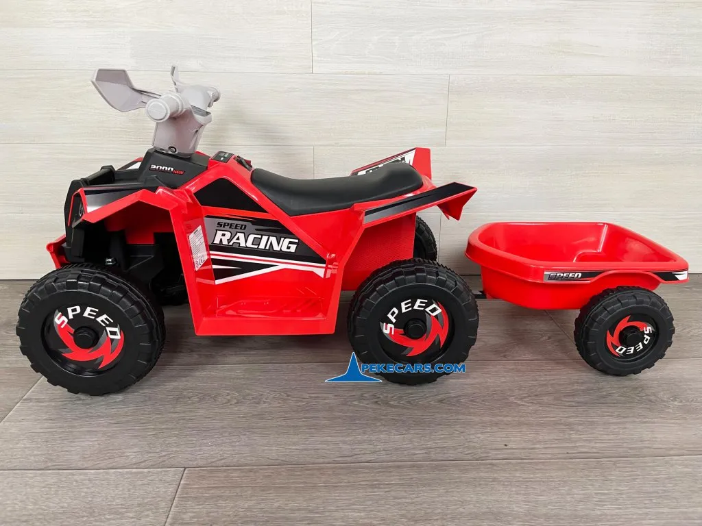 Quad Electrico Racing Speed 6V Rojo con Remolque vista lateral
