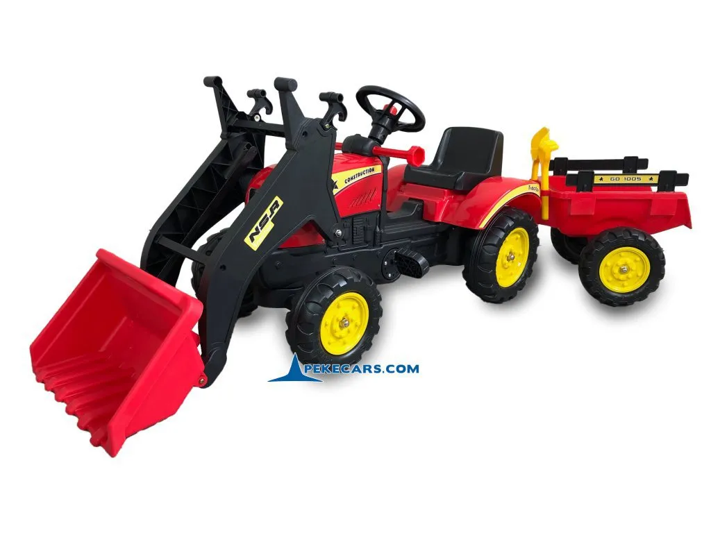 TRACTOR A PEDALES ROJO REMOLQUE Y PALA