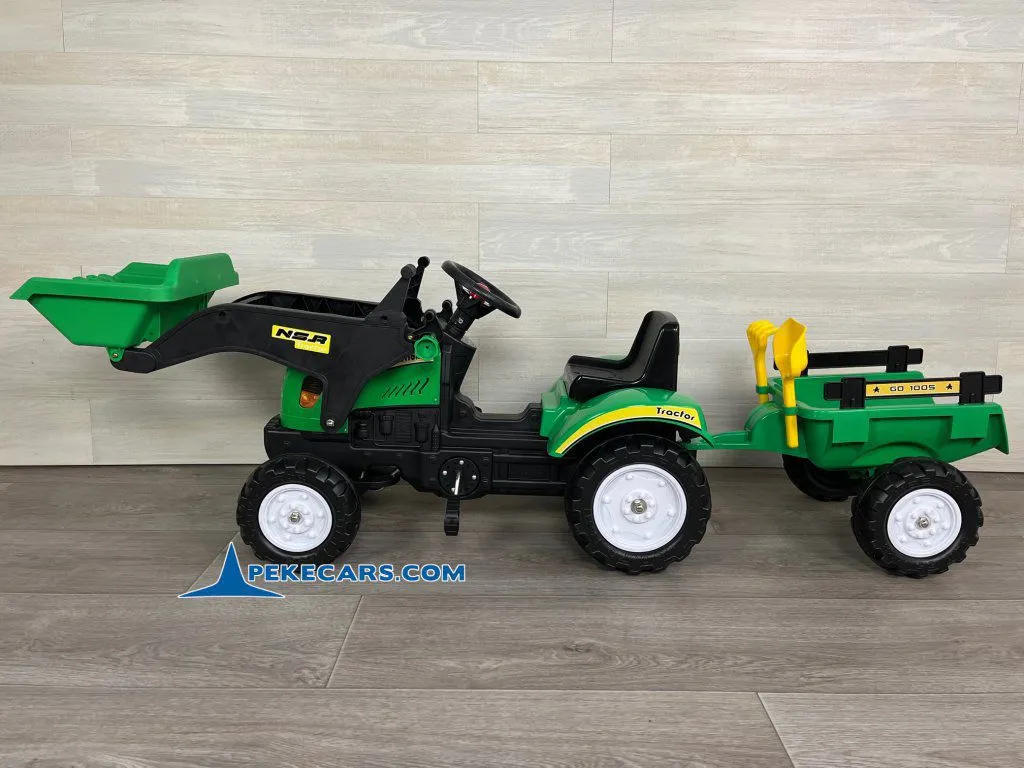 Tractor a pedales Verde con Remolque y Pala vista lateral
