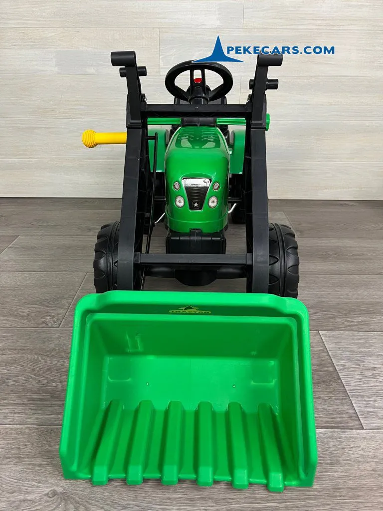 Tractor a pedales Verde con Remolque y Pala vista frontal