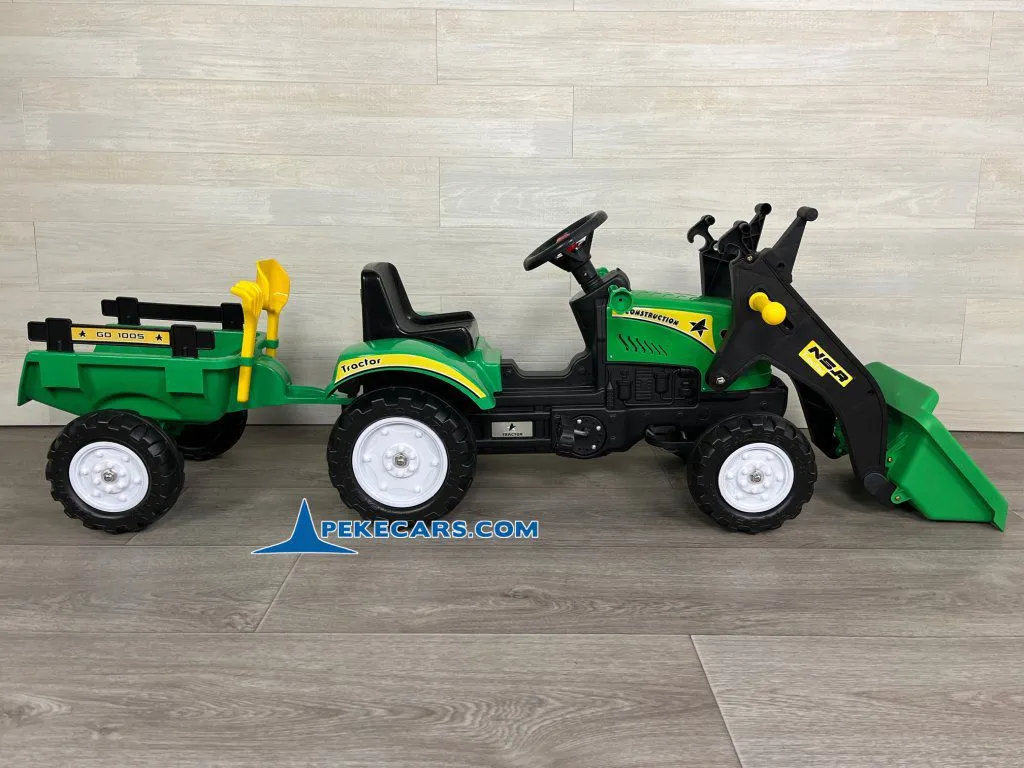 Tractor a pedales Verde con Remolque y Pala de lado